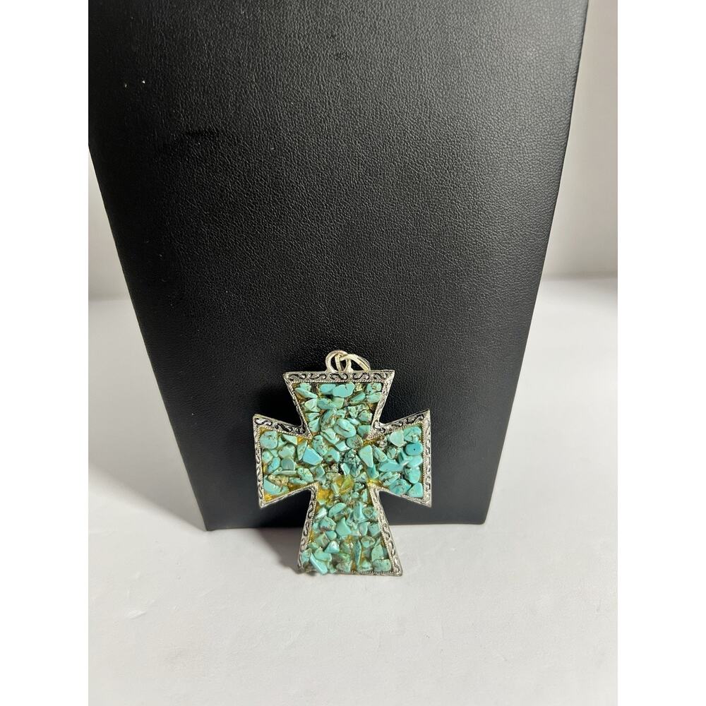 Vintage Large Silver Tone Metal Cross Pendant Turquoise Chips 2.5” H